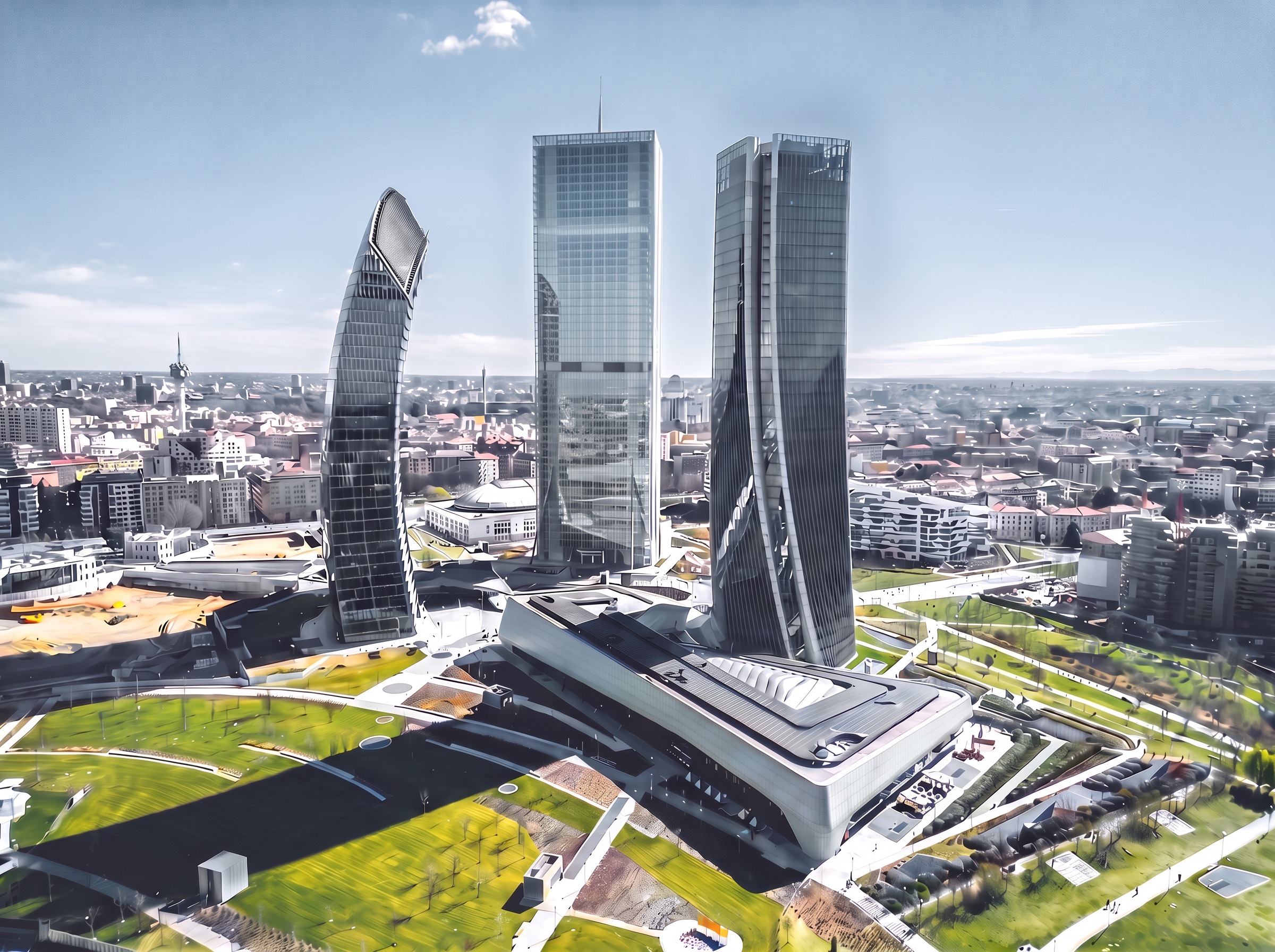 Piazza Tre Torri a CityLife a Milano, con le torri di Hadid, Isozaki e Libeskind